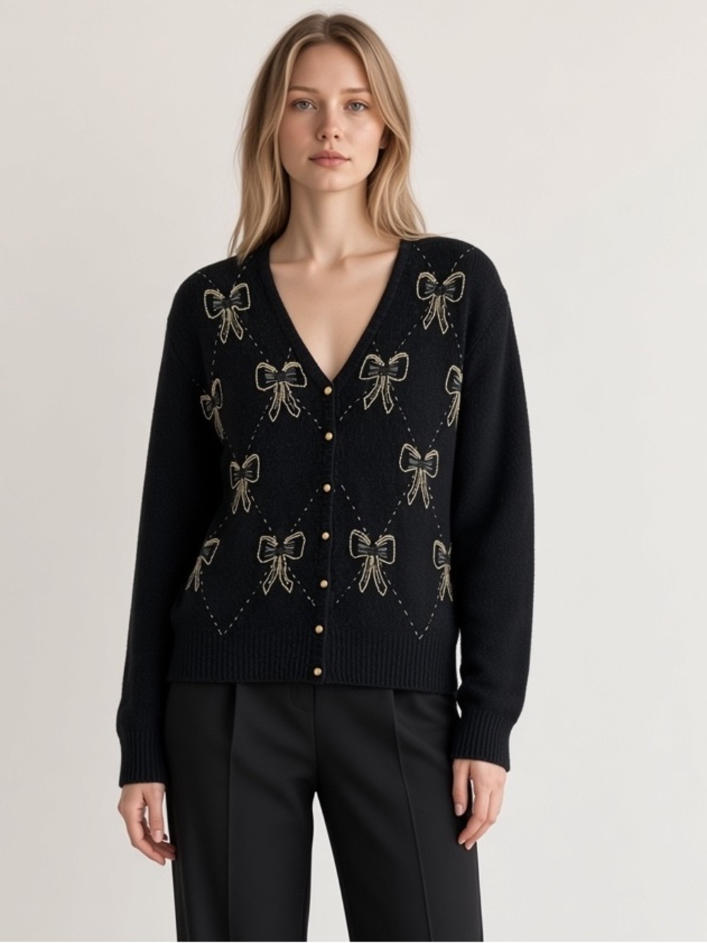 Vintage 90s Karen Scott Silk Angora Bow Cardigan Black Gold Beaded Coquette L